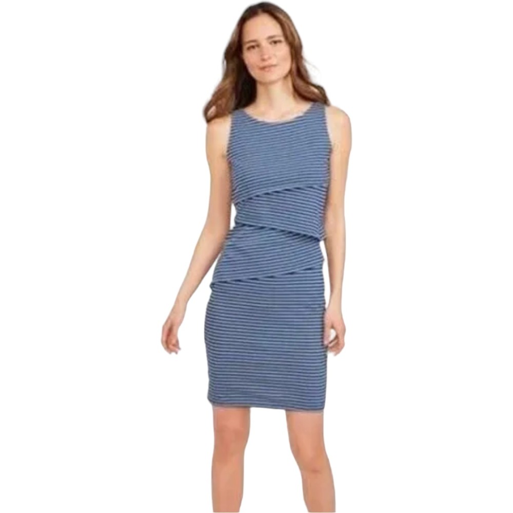 J.MCLAUGHLIN Navy Blue Striped Tiered Sheath Nichola‎ Dress Medium Sleeveless